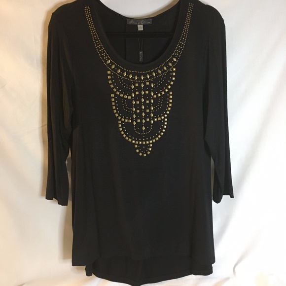 NWT Rose and Olivia Women's Black and Brass Stud long sleeve Top-Large - Picture 1 of 3